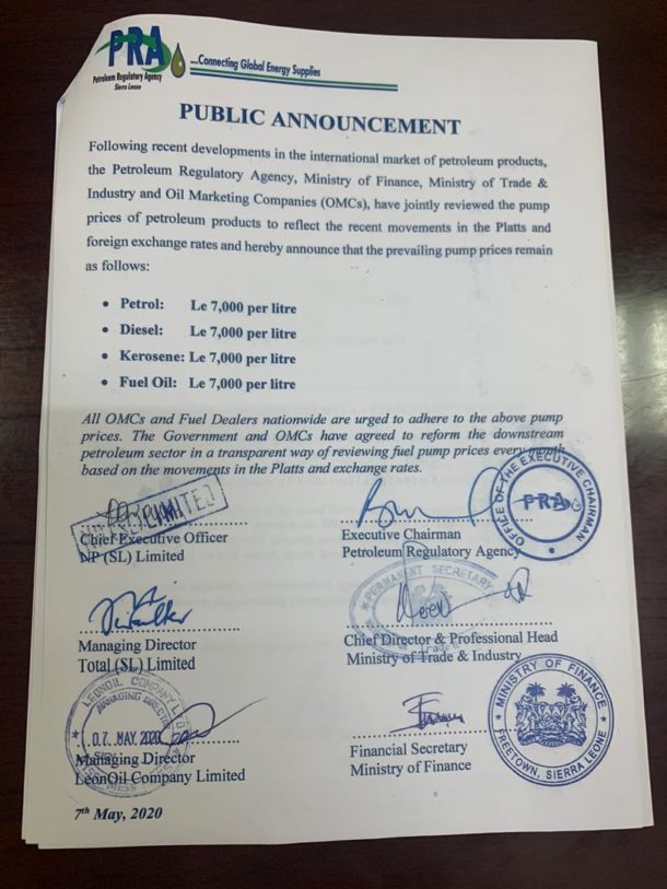 Sierra Leone's fuel price remains 7,000 SwitSalone