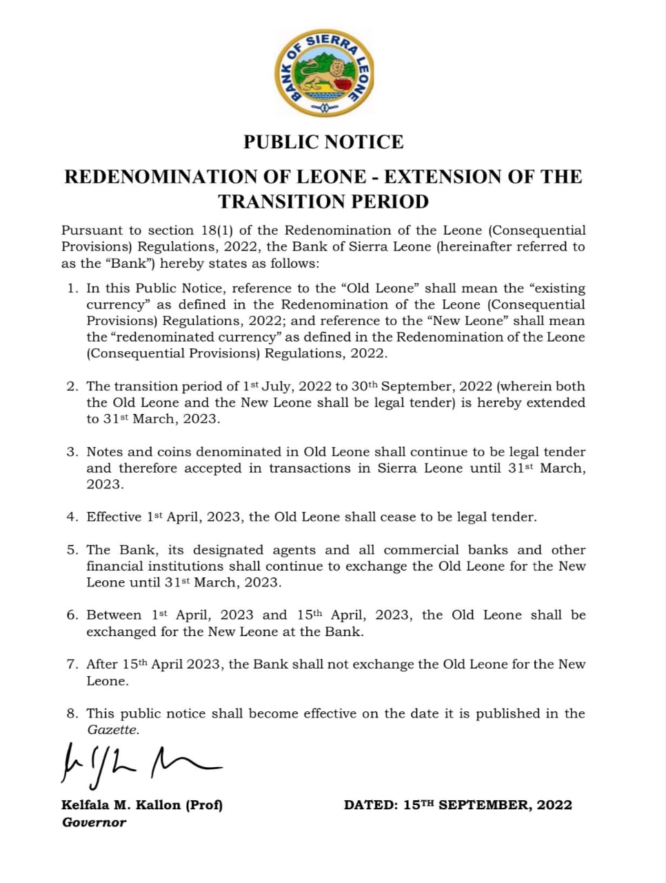 Bank of Sierra Leone extends transition period of the Leones to March