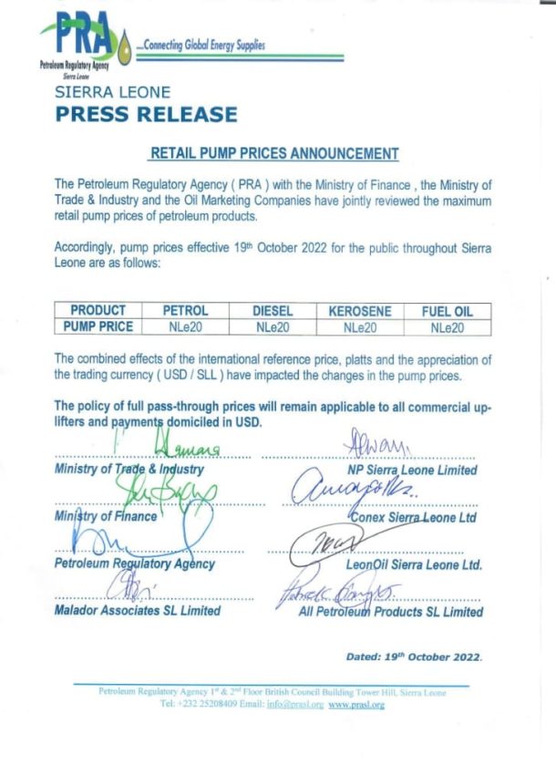 Pump fuel prices in Sierra Leone increases from NLE 18 to NLE 20