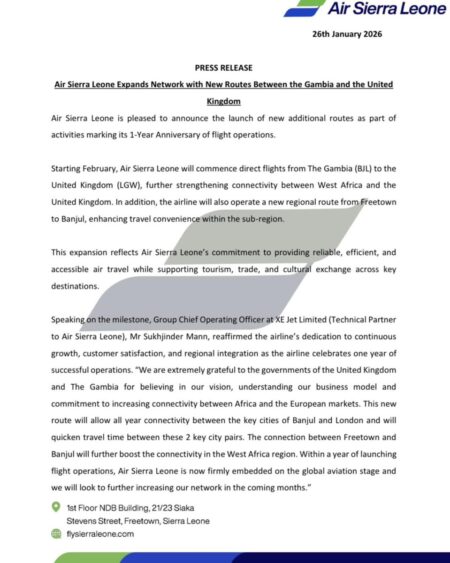 Air Sierra Leone Official Press Release