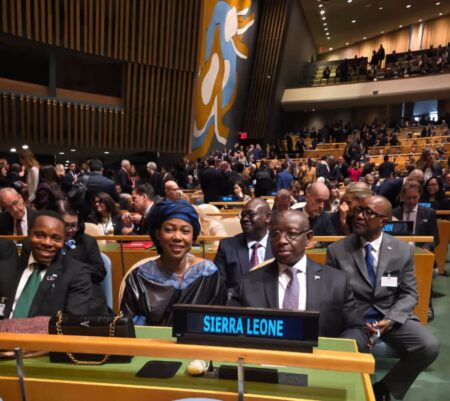 Chief Minister David Sengeh (left), First Lady Fatima Bio (middle), President Bio (right), and the Sierra Leonean Entourage