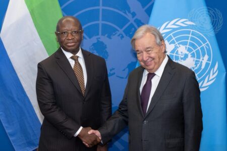 President Bio shaking hands with Secretary-General of the UN, António Guterres