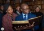 President Bio and First Lady Fatima Bio view the Mende Bible in Quincy, Massachusetts.
