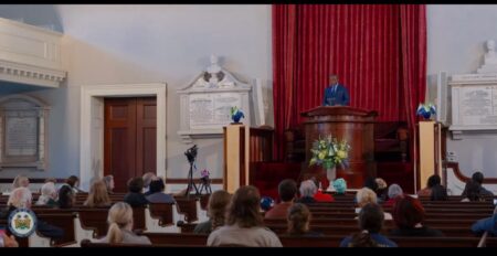 President Bio speaking at the United First Parish Church in Quincy, Massachusetts, during the viewing of the Mende Bible.