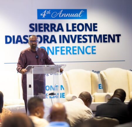 Vice President of Sierra Leone, H.E. Mohamed Juldeh Jalloh speaking at the recently held SLDIC 2026 event in London.