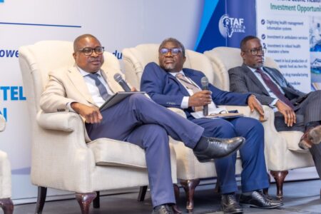 Dr. Ibrahim Stevens, Governor of the Bank of Sierra Leone (left), Idrissa Kanu, Director of Revenue and Tax Policy, Ministry of Finance (middle); and Sebastian Ashong-Katai, Managing Director, Ecobank Sierra Leone (right) in a panel at the SLDIC 2026 London