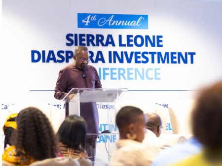 The Vice President, His Excellency Dr. Mohamed Juldeh Jalloh speaking at SLDIC 2026 in London
