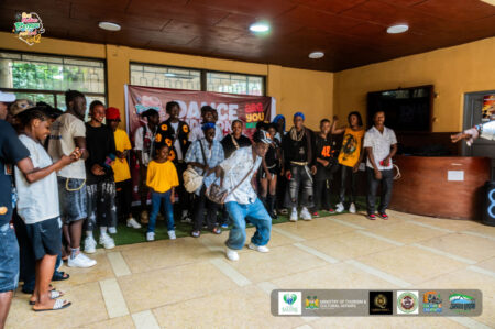 Pellet Aiah Foday (middle of the stage) dancing during the Ministry of Tourism dancers audition
