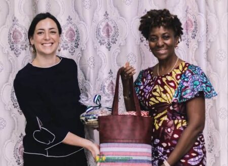 UN Tourism Delegate Chloe Bougeard (left) with the Minister Of Tourism and Cultural Affairs, Hon. Nabeela Farida Tunis (right)