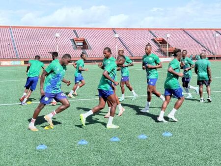 Leone Stars warming up before the match against Liberia